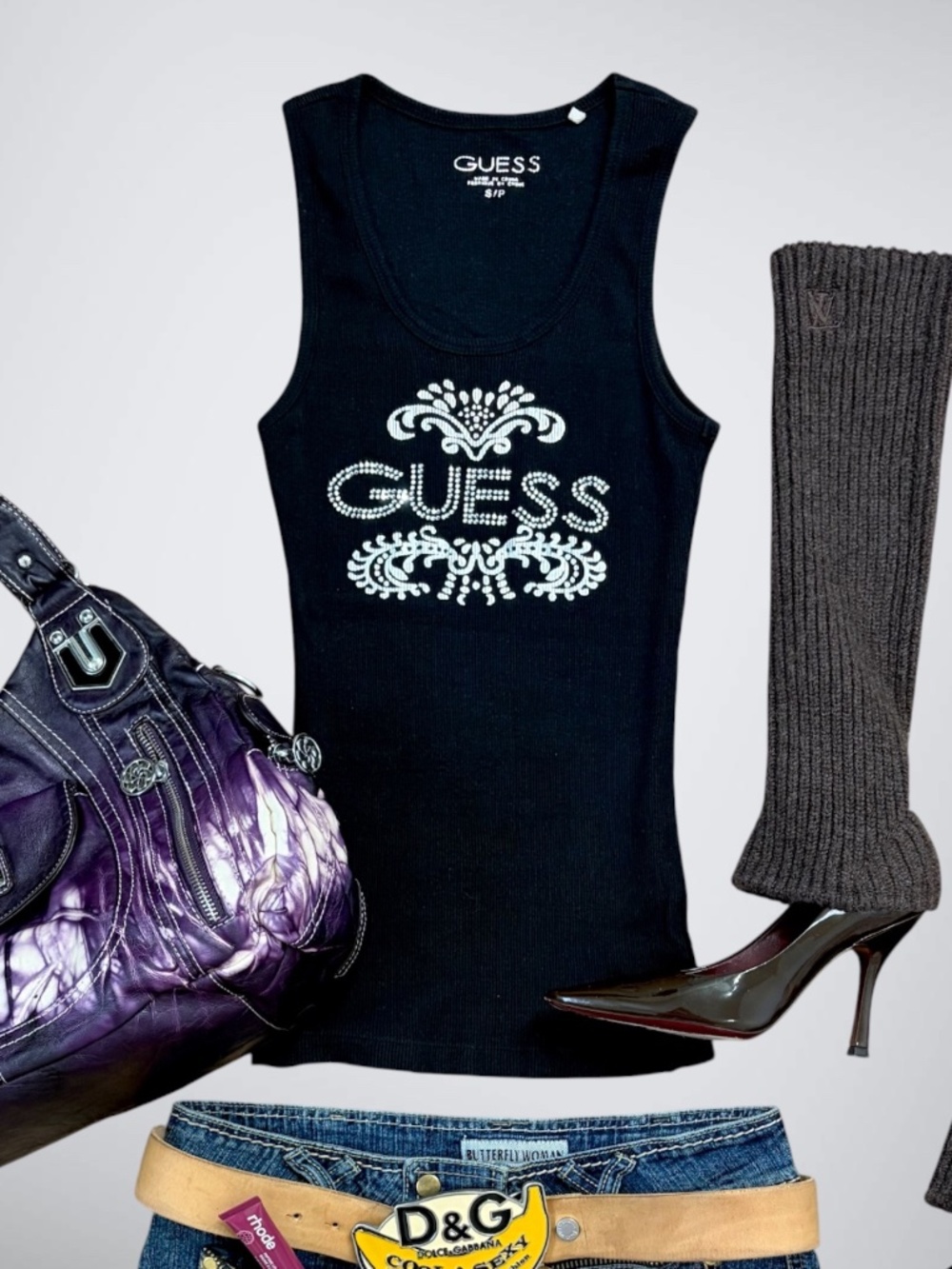 Y2K Guess Rhinestoned Black Ribbed Tank Top